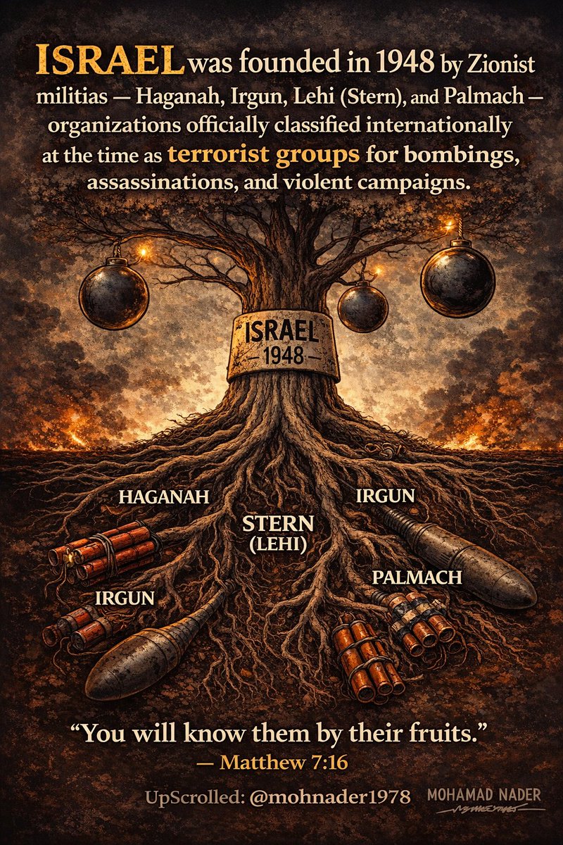 <a href="/Jvnior/">Jvnior</a> ✍️📜🌏
History reminder:

Israel didn’t begin as a peaceful project —
it was built by armed militias once officially labeled as terrorist groups:

Haganah.
Palmach.
Irgun.
Stern (Lehi).

They pioneered bombings and political assassinations in the Middle East long before modern