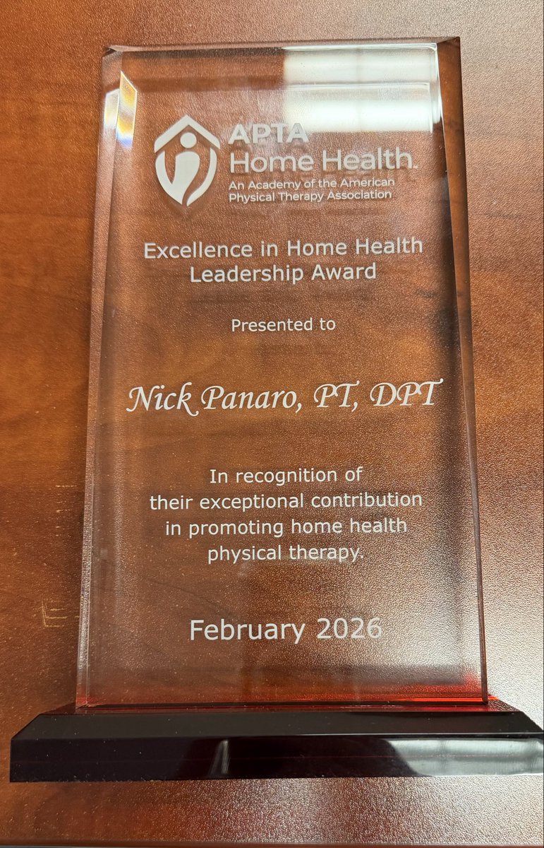 PanaroNickPT's tweet photo. Honored and privileged to be selected by @APTAHomeHealth as a recipient of the Excellence in Home Health Leadership Award for 2026 at @APTA_official Combined Sections Meeting last week. https://t.co/cpbXPHBTGr