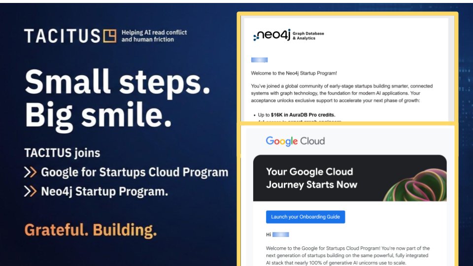 TacitusmeAI's tweet photo. Good news! @TacitusmeAI has been accepted both into the @Google for Startups Cloud Program and the @neo4j  Startup Program. 

Grateful for the support. Back to building. 🤩 https://t.co/eCMGT2QGHA