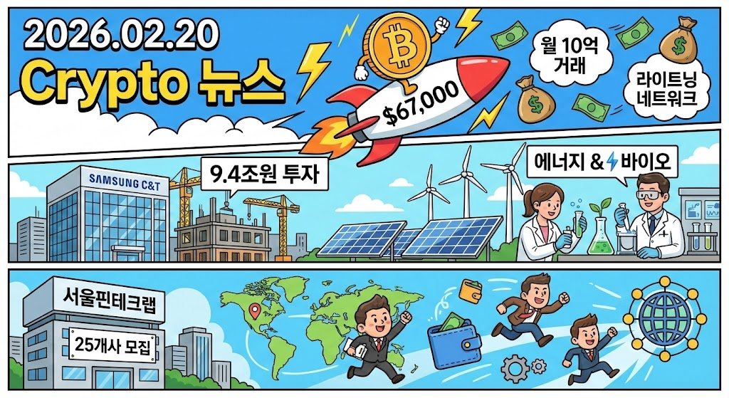 biojuho's tweet image. [2026.02.20] Crypto 뉴스
비트코인 상승, 삼성물산 미래 투자, 핀테크 스타트업 육성.

💰 비트코인 지속적 상승 행진
비트코인이 $67,000 수준을 유지하며 상승세를 보이고 있습니다. 특히 비트코인 결제 솔루션인 라이트닝 네트워크의 활용이 지속적으로 늘어나 월 10억 달러 이상의 거래가