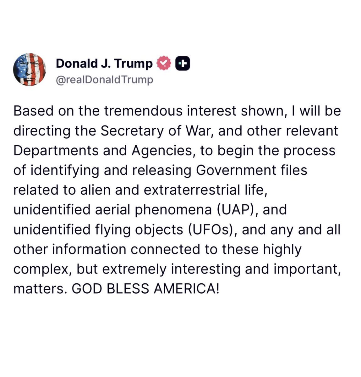 ÚLTIMA HORA – EXCLUSIVA MUNDIAL

¡Trump acaba de anunciar la desclasificación total de archivos sobre extraterrestres! 

"¡Aquí vamos de nuevo, y esta vez va en serio!"

"Instruiré al Pentágono y a todas las agencias pertinentes que inmediatamente inicien el proceso de