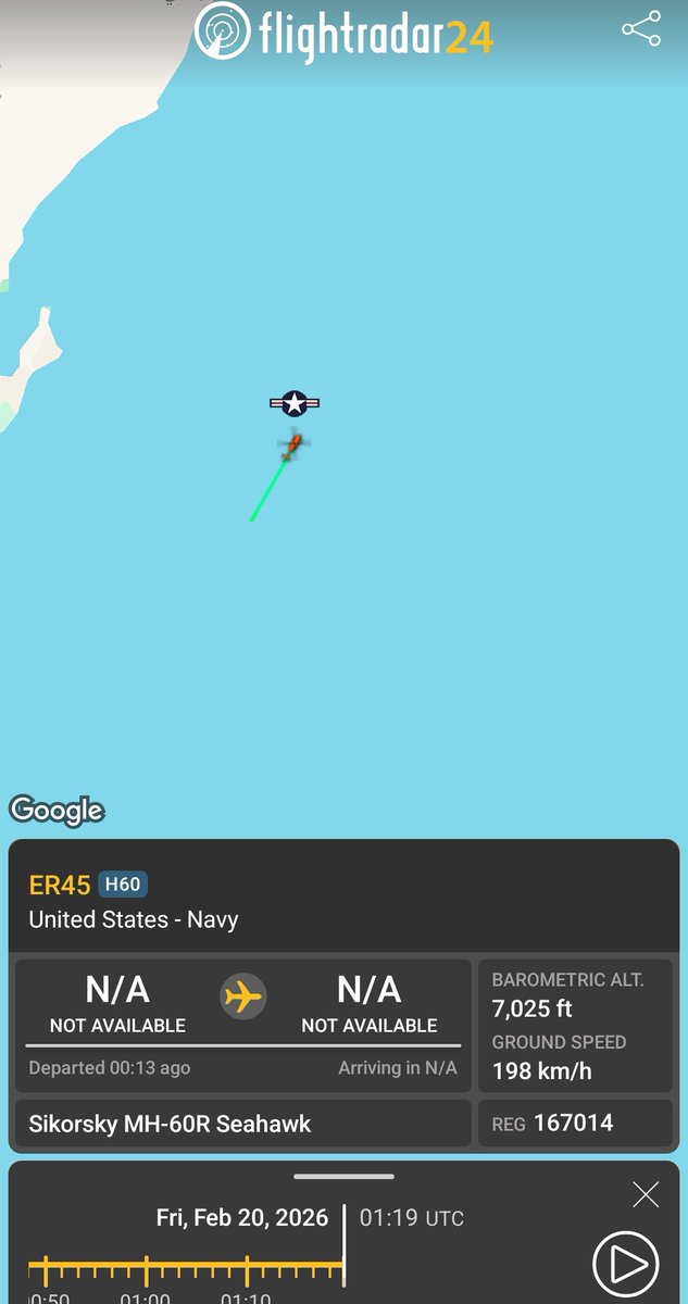 US Navy MH-60 (167014) from one of the destroyers accompanying USS Abraham Lincoln, operating in the Arabian Sea.

Confirms the aircraft carrier is still sitting far from Iran.