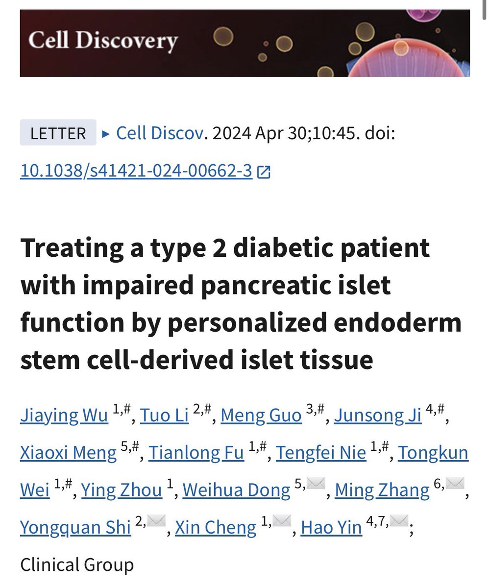 Izin menjelaskan temuan menarik ini 🙏

Pasien diabetes tipe 2, usia 59 tahun, berhasil dilakukan transplantasi stem cell untuk menggantikan sel pankreas yang memproduksi insulin. Prosedur ini dilakukan di China, dipublikasikan tahun 2024.

Nah dalam 11 minggu setelah