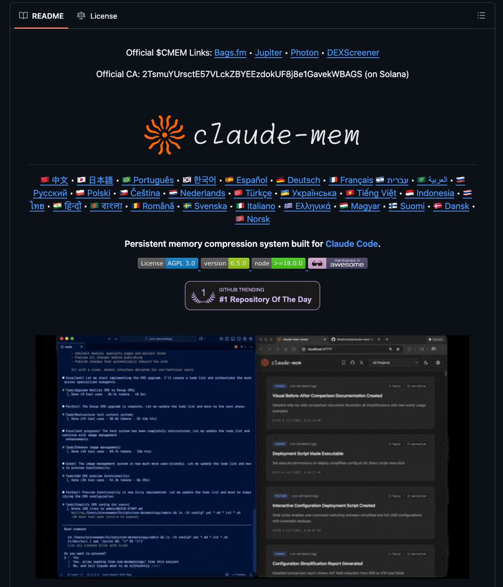 🚨 عاجل: شخص ما حل أكبر مشكلة واجهها Claude Code's

يطلق عليه اسم Claude-Mem وهو يمنح Claude ذاكرة مستمرة عبر الجلسات.

- يمكنك استخدام ما يصل إلى 95% tokens أقل في كل مرة.

- قم بإجراء 20 ضعفًا من استدعاءات الأدوات قبل الوصول إلى الحدود.

انصح الجميع بتجربته وخاصة في مشاريع