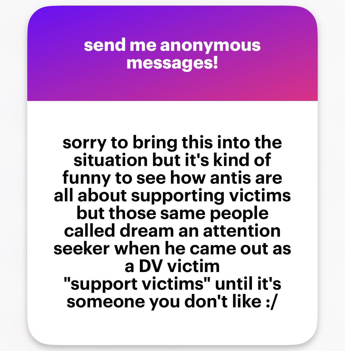 NGLS

I’ve been saying this… they mocked him and everything when he came out abt this. They only support victims when it benefits them.