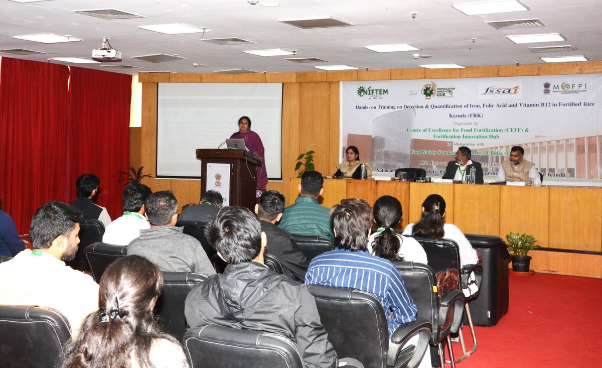 fssaiindia's tweet photo. FSSAI is conducting training on Detection of Iron, Folic Acid and Vitamin B12 in Fortified Rice Kernels (FRK) @NiftemHaryana . The programme aims to strengthen the technical capacity of food testing laboratories in detection of fortificants in FRK. #FSSAITraining https://t.co/BiF1nrsMoa
