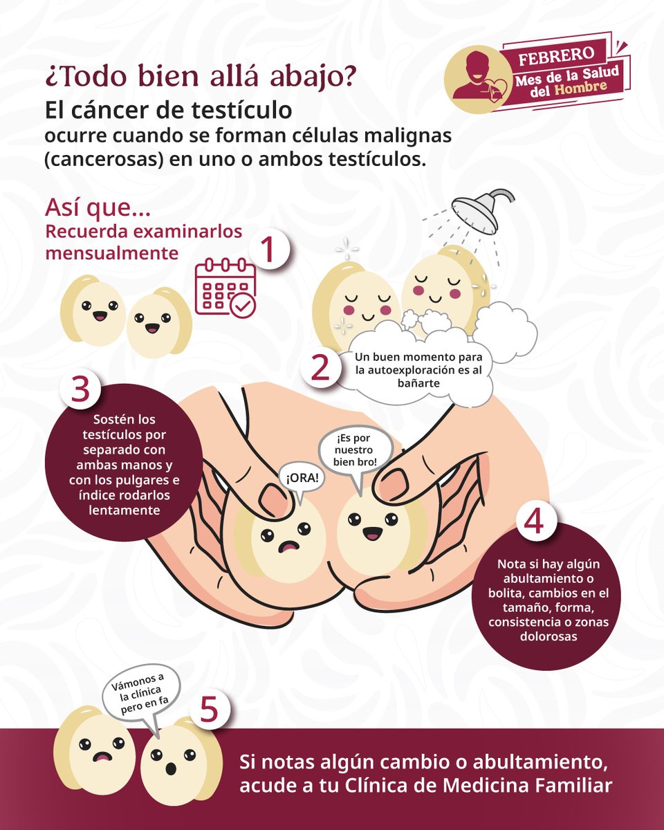 Tócalos, valen oro. 😉

🙋‍♂️ Todos debemos conocer nuestro cuerpo para identificar que algo no está bien. Por ello, los #testículos deben ser revisados constantemente para evitar que el cáncer trunque nuestros sueños, especialmente entre los 15 y 35 años de edad.

Si no te tocas,
