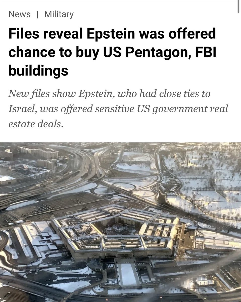 🚨⚡#BREAKING : Epstein eyed co-ownership of 🇺🇸 PENTAGON-adjacent 'mission-critical' building — Al Jazeera

84,710‑sqm site, ~$116M — a convicted sex offender nearly landlord to US government