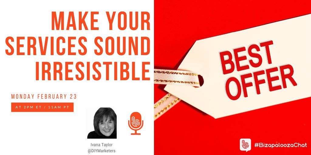 Bizapalooza's tweet image. Don't miss #BizapaloozaChat next week! 

We'll chat about writing service descriptions that convert! 

Join us on Monday 2/23 at 2pmET/11amPT. 

#smallbusiness #copywriting #contentmarketing #customerexperience