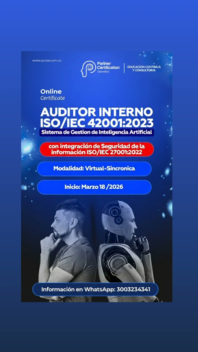 EducarteIa's tweet photo. 📢 Certifícate como Auditor Interno en ISO 42001 integrado con ISO 27001:2022 y audita IA con enfoque en seguridad y cumplimiento. https://t.co/pewn6UhiD2