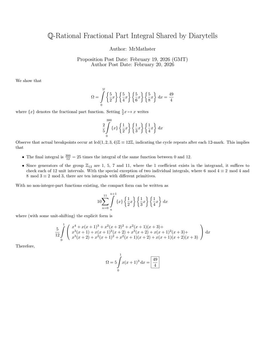 #mathematics #puzzled #calculus #integral #數學 #수학 #数学 #matemáticas #積分 #적분 

The fractional part function integral. One example, using rational coefficients. CAS tools were unable to compute the integral.

x.com/Diarytells/sta…