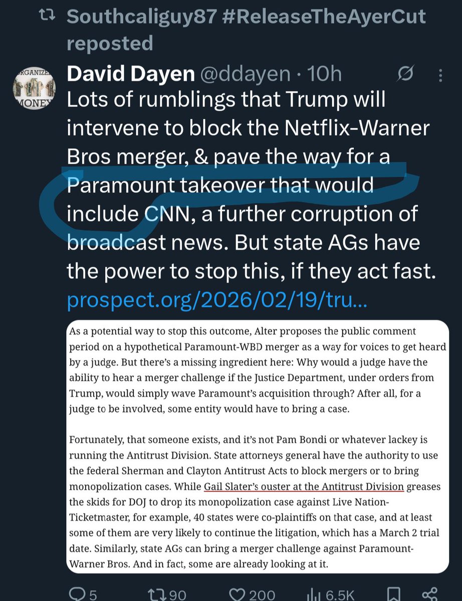 Told y'all. I told y'all that's the reason why David Ellison is trying to gum up the works. He's serving his dark master in the white house.