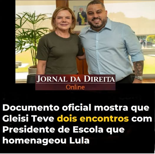 Gleisi Hoffmann recebeu no Palácio do Planalto o presidente de uma escola de samba que homenageou Lula, segundo registros oficiais de agenda pública.

Os encontros aconteceram em duas datas específicas: 2 e 16 de outubro de 2025, ambos no 4º andar do prédio do Executivo federal,