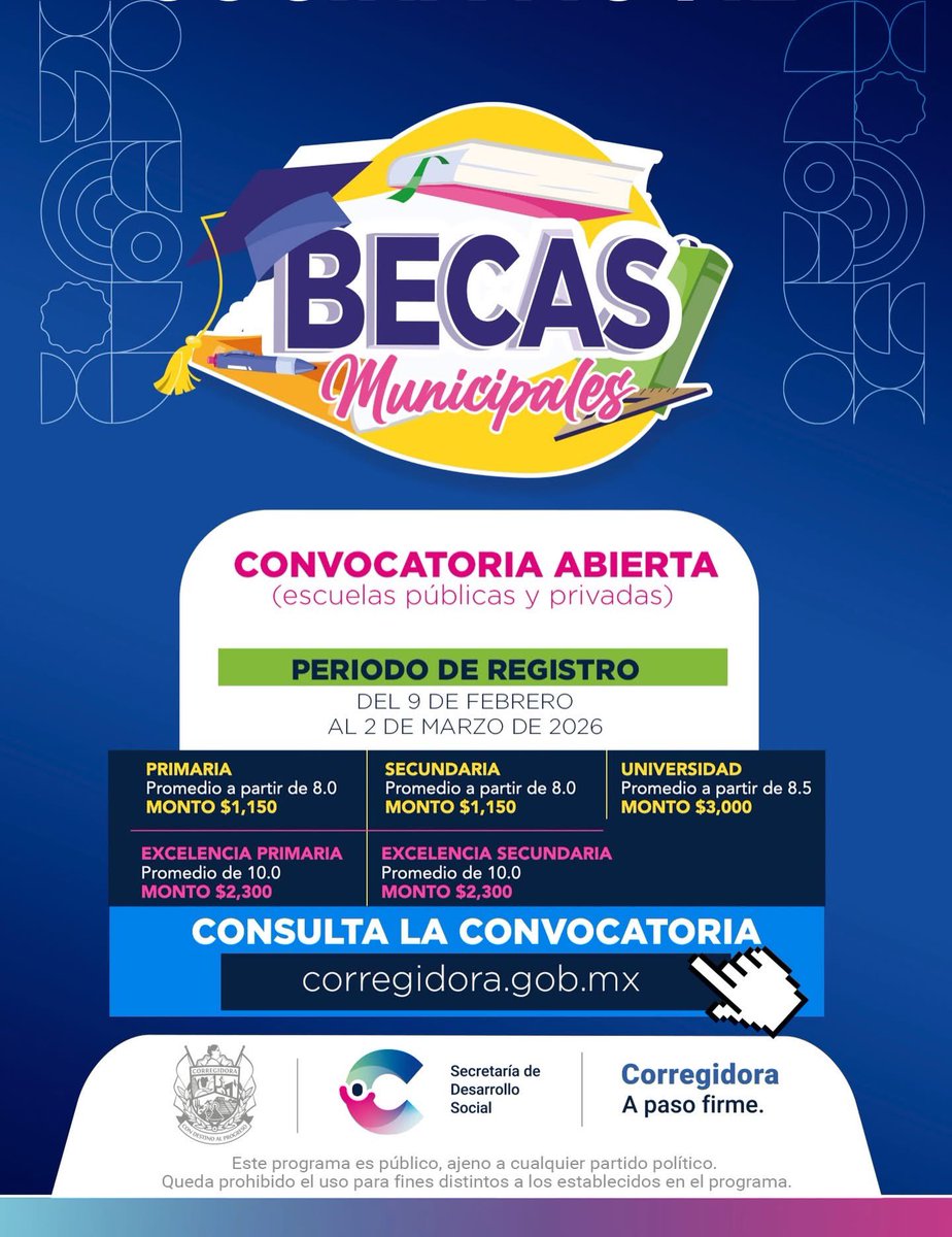 🎓Ya está abierta la convocatoria de Becas Municipales en Corregidora si estudias en primaria, secundaria o universidad (pública o privada) 🎓

📅 Registro: 9 de febrero al 2 de marzo en: identificate.corregidora.gob.mx 

💻 Consulta requisitos y registro: corregidora.gob.mx