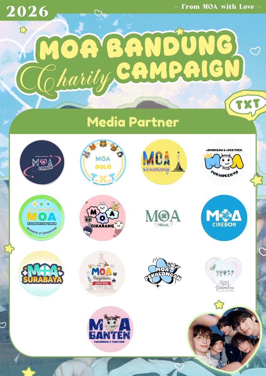 MOA_Bandung's tweet photo. 🤍 Special Thanks to Our Media Partners

X :
@youthwithgyu
@shannzzn
@sobssour
@acceptxt
@cyeonjuncute
@ddubbadut
@sannzenin
@yeontaeism
@taewigyulvr_
@csoobiee
@sachikai_
@beomiesluv_ https://t.co/iovPRrndIX