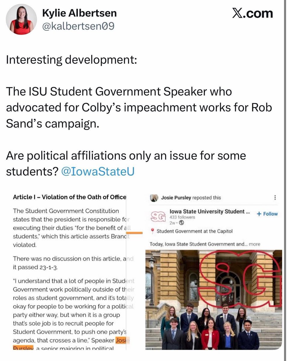 . <a href="/RobSandIA/">Rob Sand</a> care to comment? Apparently it’s okay for Democrat affiliated student government members to be involved but not Republican members. Dems hypocrisy knows no bounds.