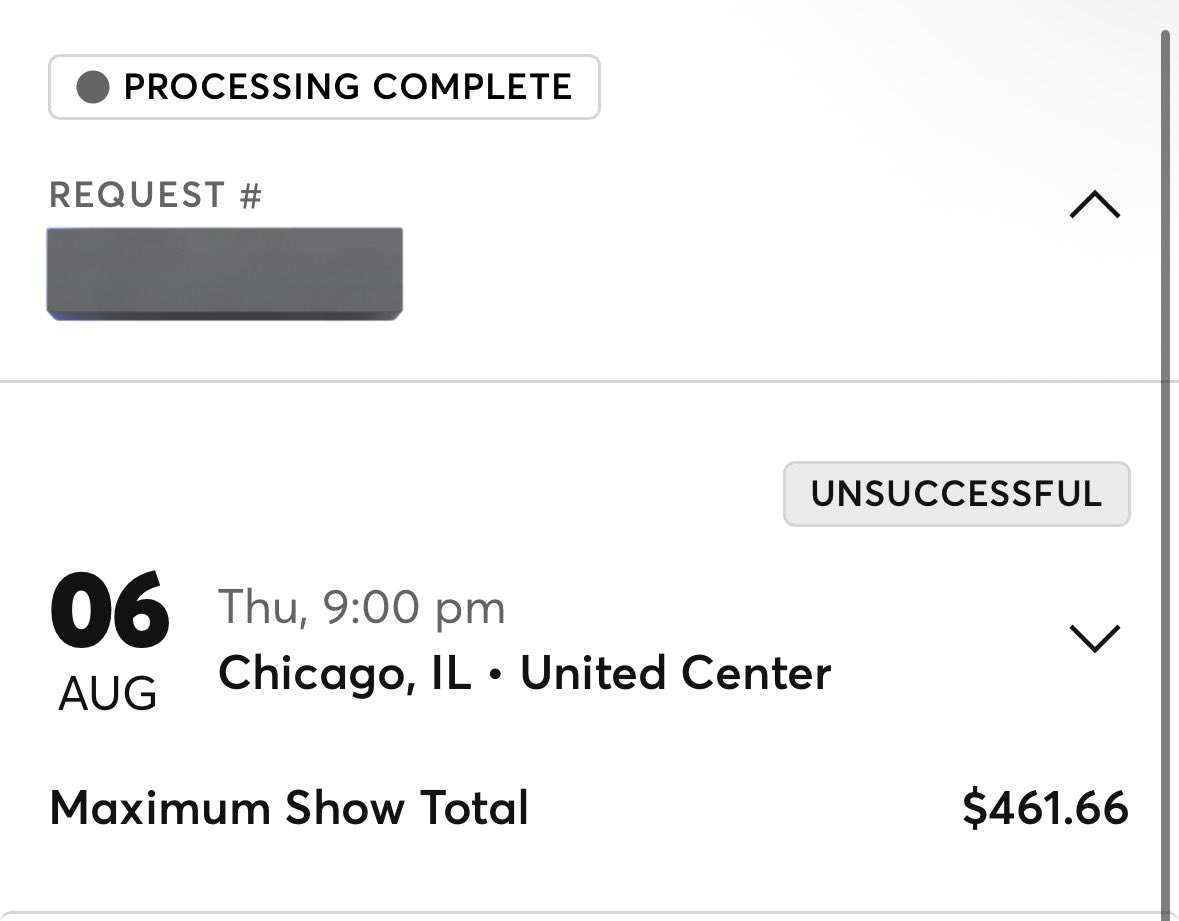 well. just got denied ariana tickets after being a fan for 10+ years, and probably won’t ever get to see her live.

congrats to the people who got their 5th ticket through the ticketmaster request system! 😀

team ariana &amp; ticketmaster, i’m beyond devastated and disappointed.