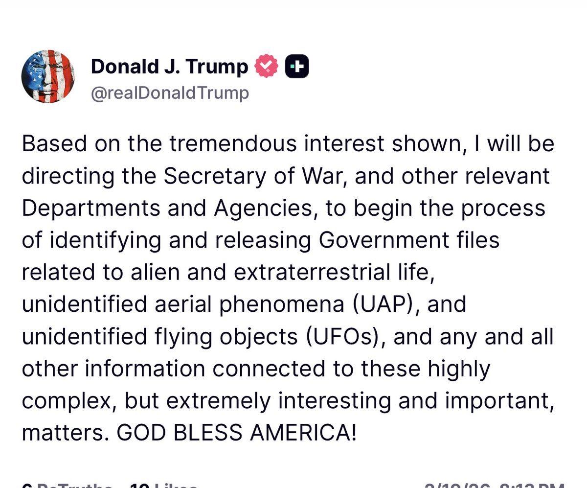 Tonight, President Trump is directing full disclosure of UAP and UFO files. In October, I wrote to DoD, CIA, NSA, and DNI demanding exactly that. The truth belongs to the American people.