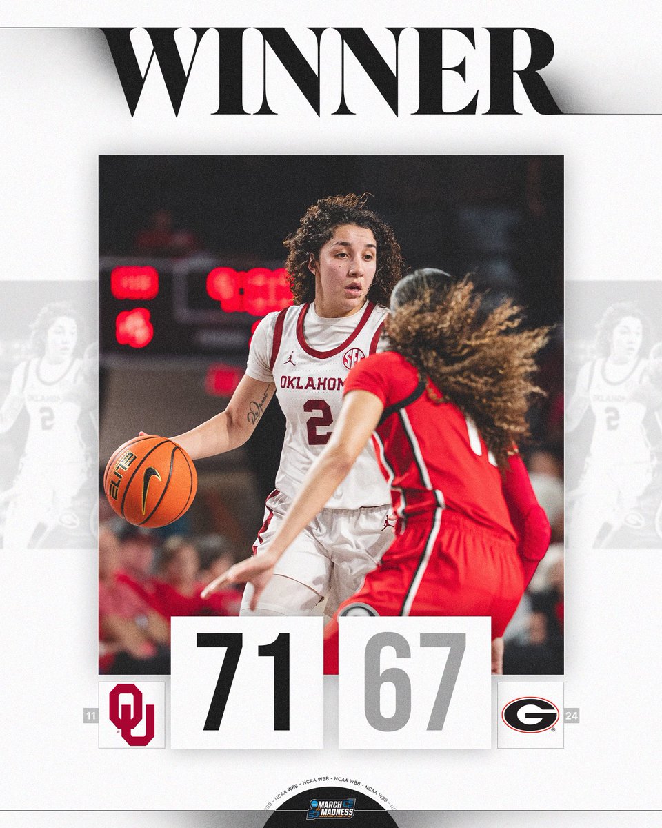 OU HANGS ON TO BEAT GEORGIA 👏

No. 11 OU beats No. 24 Georgia behind Aaliyah Chavez 27 points.

#NCAAWBB x <a href="/OU_WBBall/">Oklahoma Basketball</a>