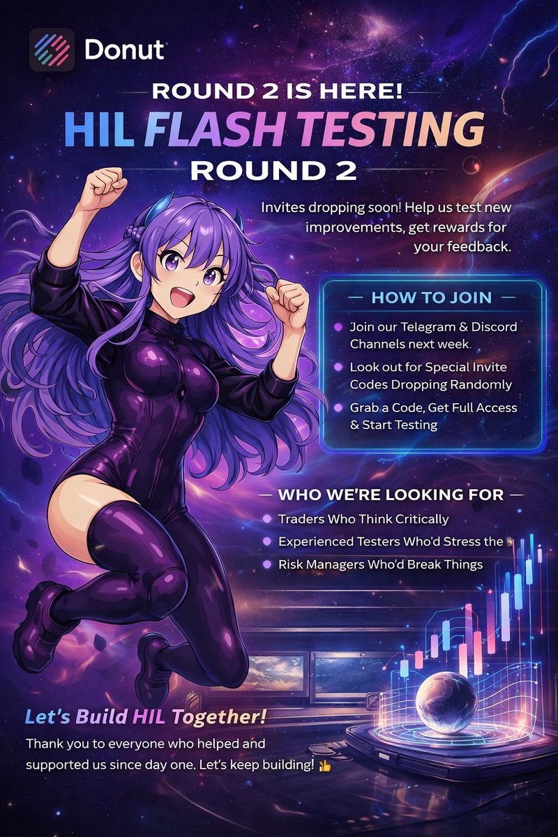phedranico's tweet photo. Donut HIL Flash Testing Round 2 is live. New improvements, real trader feedback, and smarter iteration cycles. Join the invite-only testing phase, stress the system, earn rewards, and help shape the future together.
@DonutAI @InternDonut 
#DonutAI #HILTesting #BuildTogether https://t.co/H6mCPB8WJl