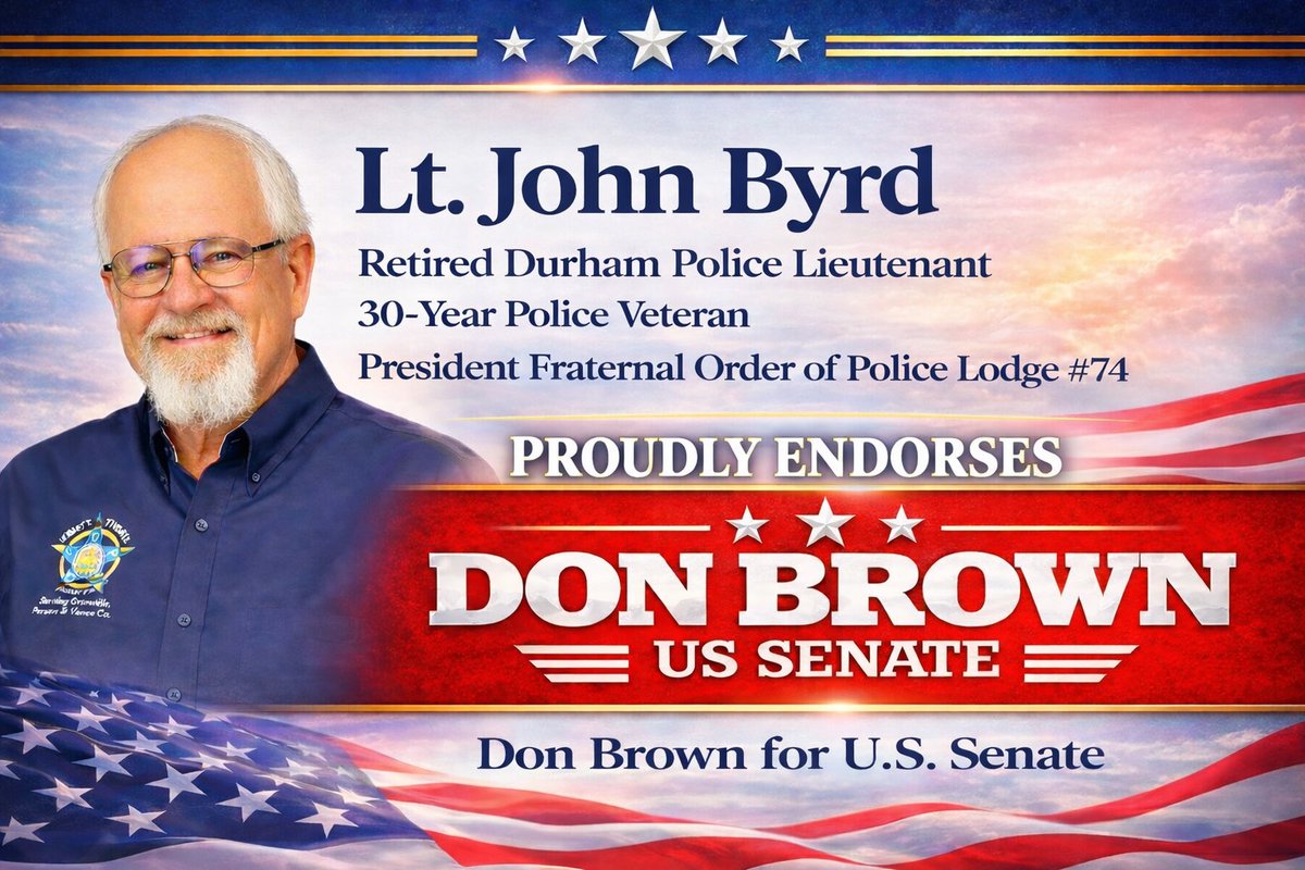 I am deeply honored to receive the endorsement of Lt. John Byrd — retired Durham Police Lieutenant, 30-year police veteran, and President of the Fraternal Order of Police Lodge #74.

Lt. Byrd has dedicated his life to protecting our communities. His support means a great deal to