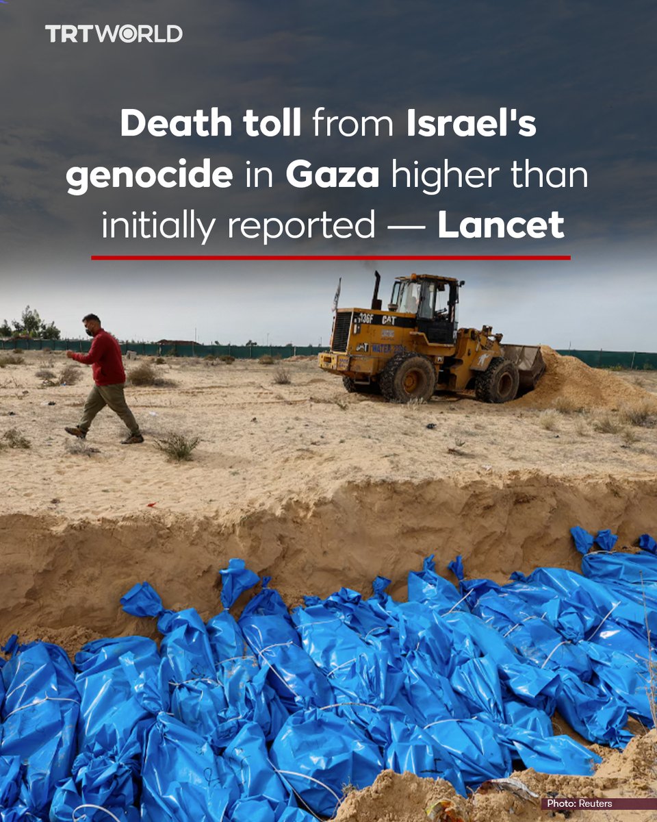 New Lancet study shows:

- Israel killed 75,000+ Palestinians in Gaza in first 15 months of genocide
- Women, children, elderly comprising 56% of fatalities
- 3-4% of Gaza's population wiped out by January 2025
🔗 trt.world/ckjq