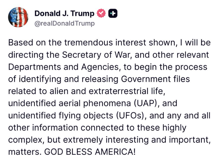 cmclymer's tweet photo. We've now reached the "time to pretend to disclose what we know about extraterrestrials" phase of the distract-from-Epstein comms strategy. https://t.co/ayGdOtLsYu