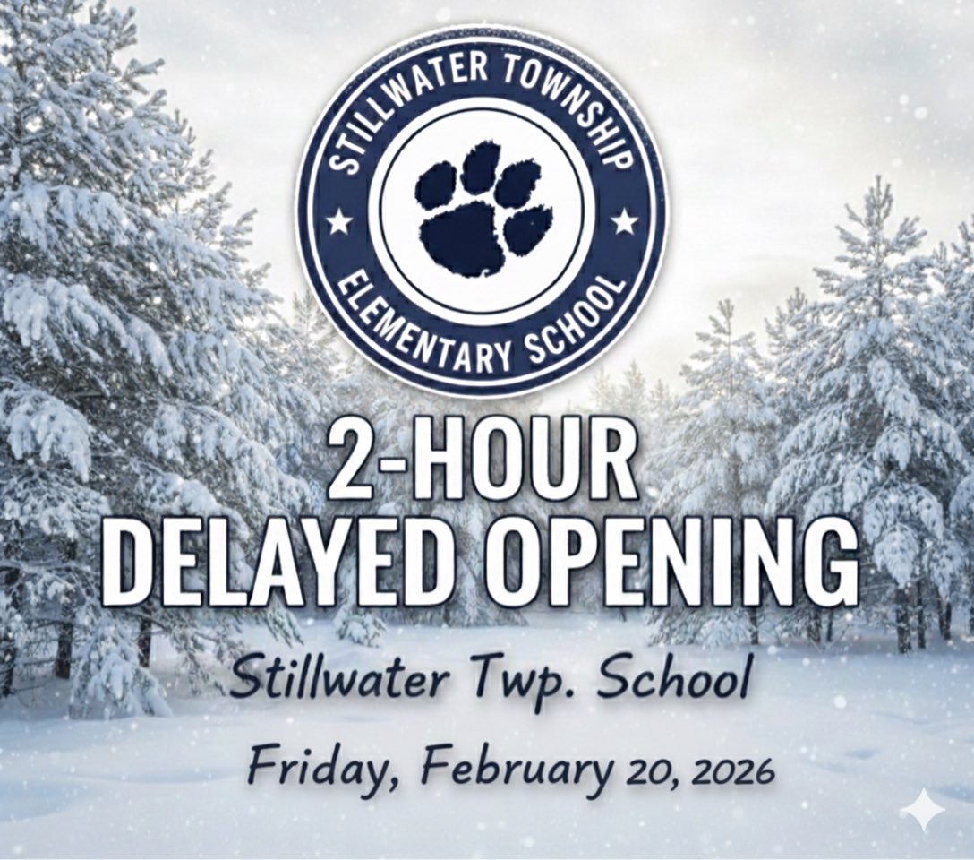 StillwaterK6's tweet photo. Due to the forecast of sleet and freezing rain throughout the early morning hours, Stillwater Twp. School will operate on a 2-hour delayed opening schedule tomorrow, Friday, February 20, 2026. https://t.co/2VNVAtKeDS