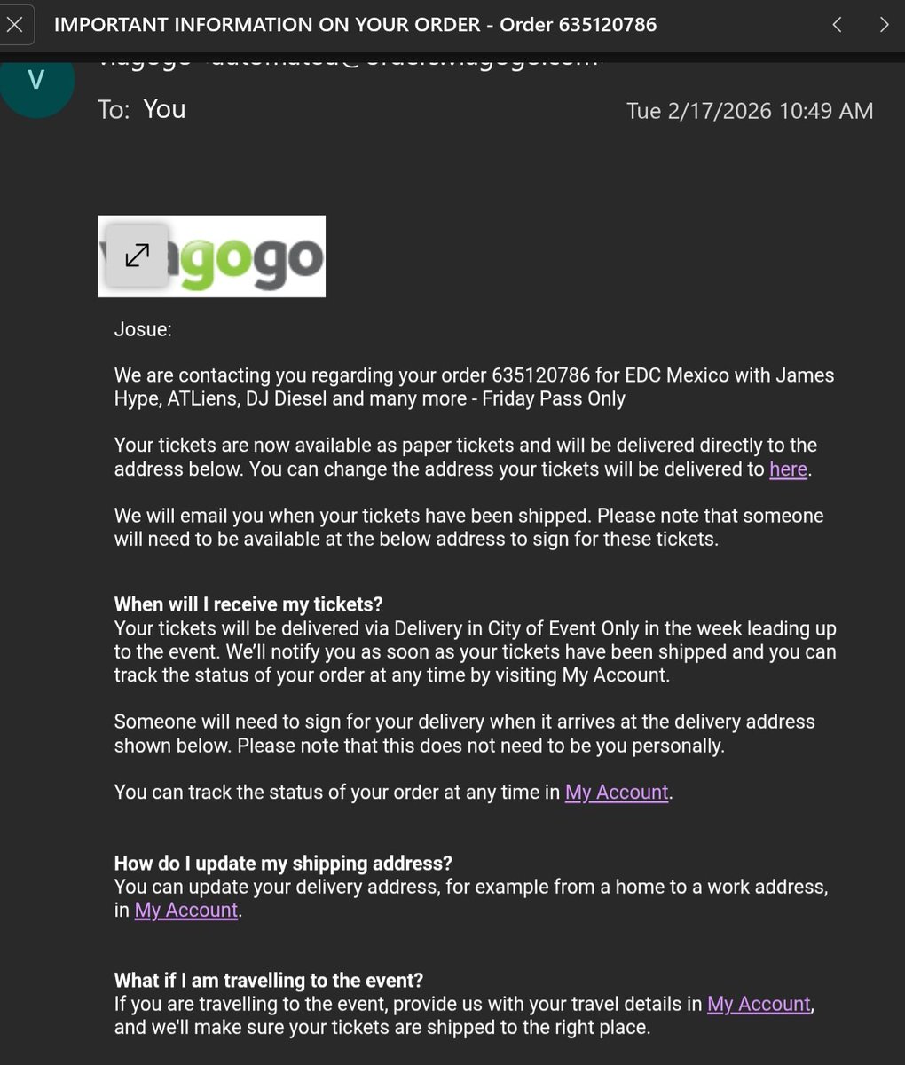JoshSeamex's tweet photo. I NEED IMMEDIATE HELP @viagogo FOR THE TICKETS PURCHASED WITH YOU FOR @EDC_MEXICO TOMORROW!!!
I bought E-TICKETS TWO WEEKS AGO. This week I was contacted by your team and said they were changed to physical tickets and had to be sent by FedEx... https://t.co/Tu4X3mmAov