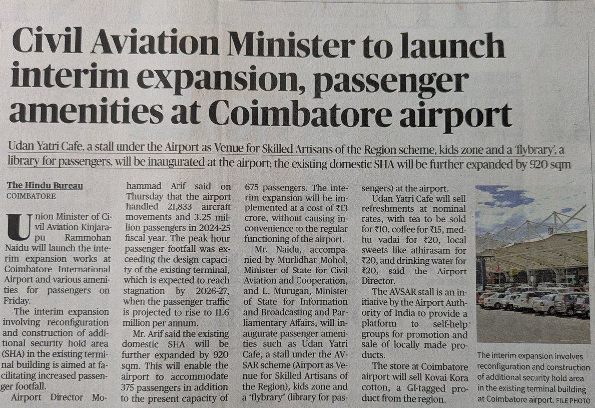 #Coimbatore Welcomes Hon Minister, Secretary, #MoCA &amp; #AAI chair.
Will cross 50 lk pax in 2028 from 35 lk with interim facility &amp; new dom flights, start new terminal work soon. Region exports 1 lakh cr, Incl #CJB as #POC in #BASA #India &amp; #malaysia, #Dubai, #Thailand &amp; #Abudhabi.
