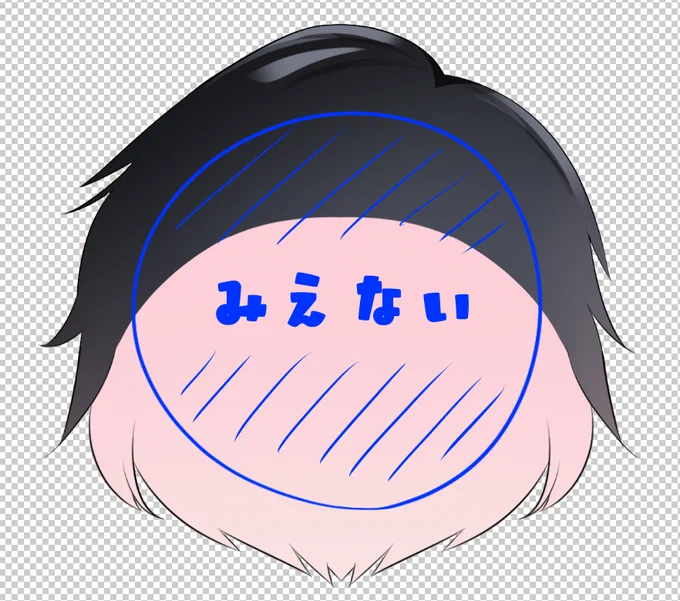 後ろ髪の描いてても見えない部分の話。 この部分一生懸命描いても見えないのでざっくりしか描いてないです。 でも髪の毛先の方は頭部Xの動きの時に意外と見えることあるのでちゃんと描いてる