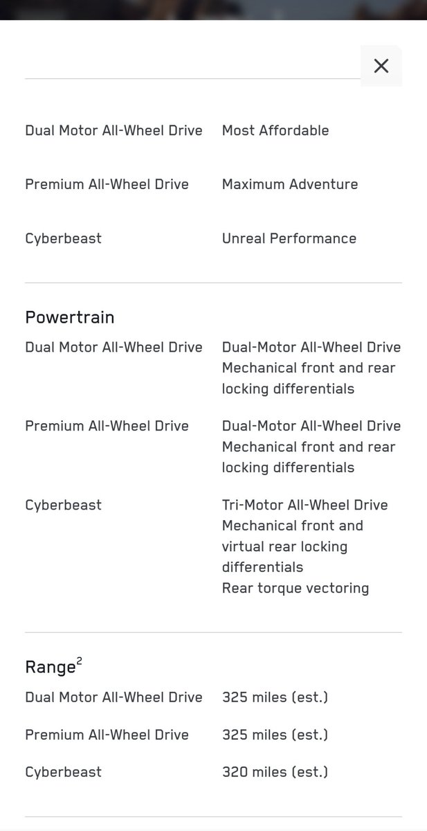 CharlesJaynes69's tweet photo. @cybertruck Nevermind. Answered my own question with the compare models info https://t.co/bnGZZ7H4UN