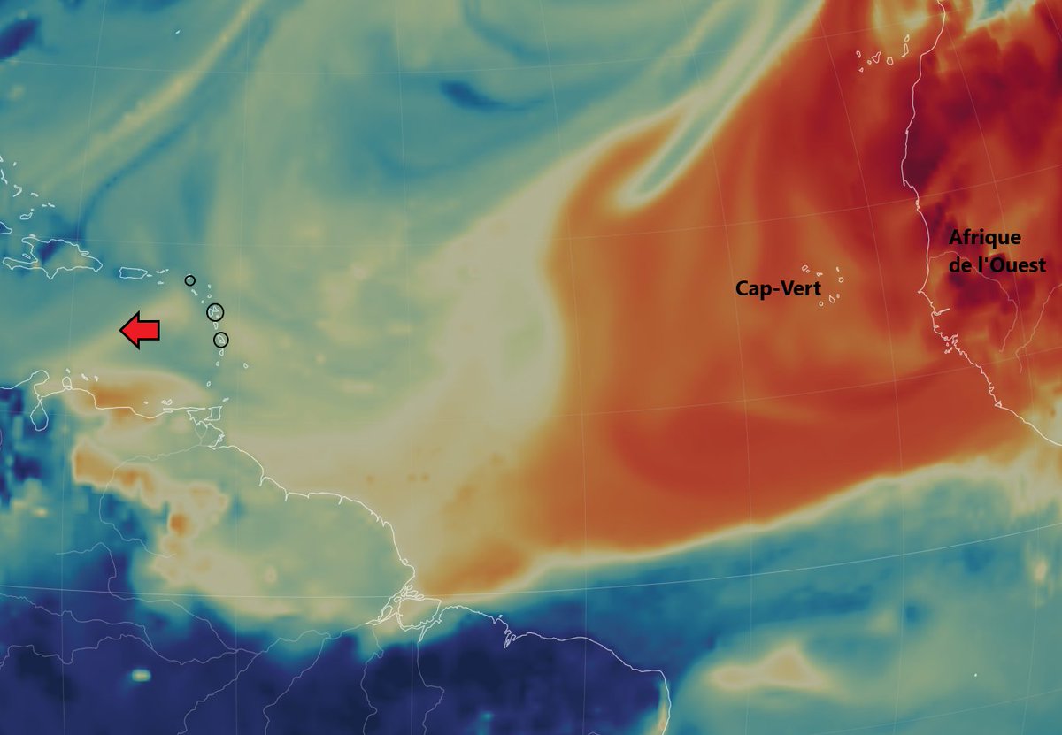 😷Installation du Carême avec retour des poussières sahariennes ?En tout cas, on a eu un petit aperçu ce jeudi matin, avec un épisode relativement modéré de brume de sable particulièrement sensible en #Guadeloupe.
On commence à observer l'installation de la saison sèche (le vrai