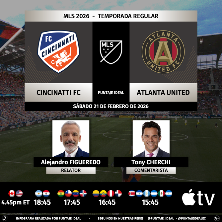 PuntajeIdealEC's tweet photo. ⚽️ #MLS 🇺🇸 | #CincinnatiFC vs. #AtlantaUnited
🎙️ Relator: @afigue2010 
🎙️ Comentarista: @tonycherchi
💻📱@AppleTV
🤳#CINvATL - #MLSisBack
Dale RT 🔃 https://t.co/yg6CdDsn0C