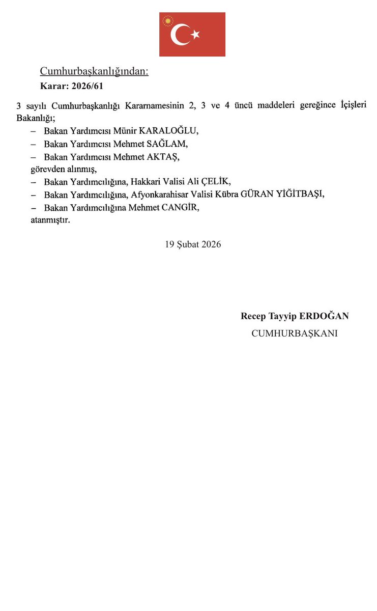İçişleri Bakanlığı’na 3 yeni Bakan Yardımcısı atanırken, 3 Bakan Yardımcısı da görevden alındı:

ATANAN İSİMLER

Hakkari Valisi Ali Çelik

Afyonkarahisar Valisi Kübra Güran Yiğitbaşı

Mehmet Cangir

GÖREVDEN ALINANLAR

Münir Karaloğlu

Mehmet Sağlam

Mehmet Aktaş