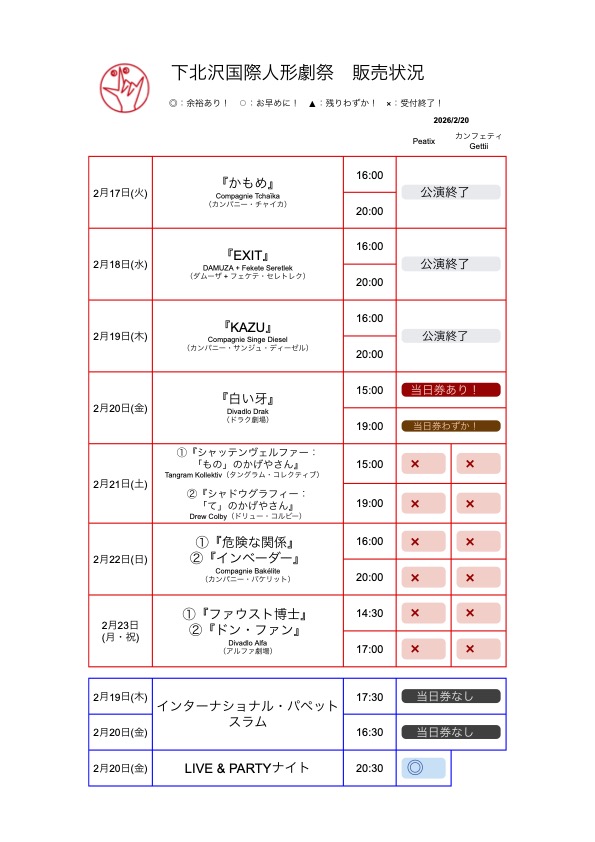 #下北沢国際人形劇祭
【残席状況】
前売券販売予定枚数終了しました。
ありがとうございました！
ザ・スズナリでのメインプログラムの当日券は毎公演販売予定です。残席情報は公演前日の夕方ごろにSNSにてご案内いたします。
#sipf当日券