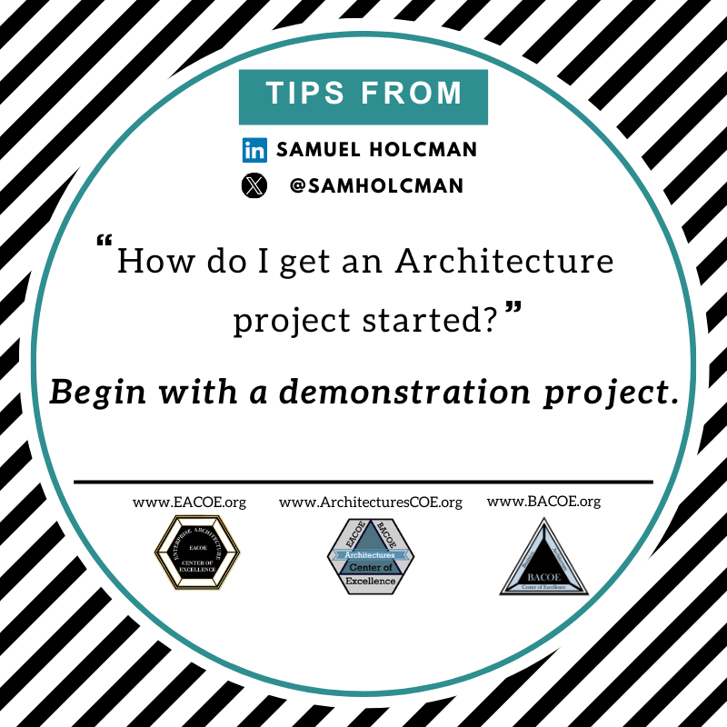 A "demonstration project" becomes an education opportunity, training tool, and "sales deck example" for the stakeholders, showing what Architecture actually is, its benefits, and a "template" for moving forward.