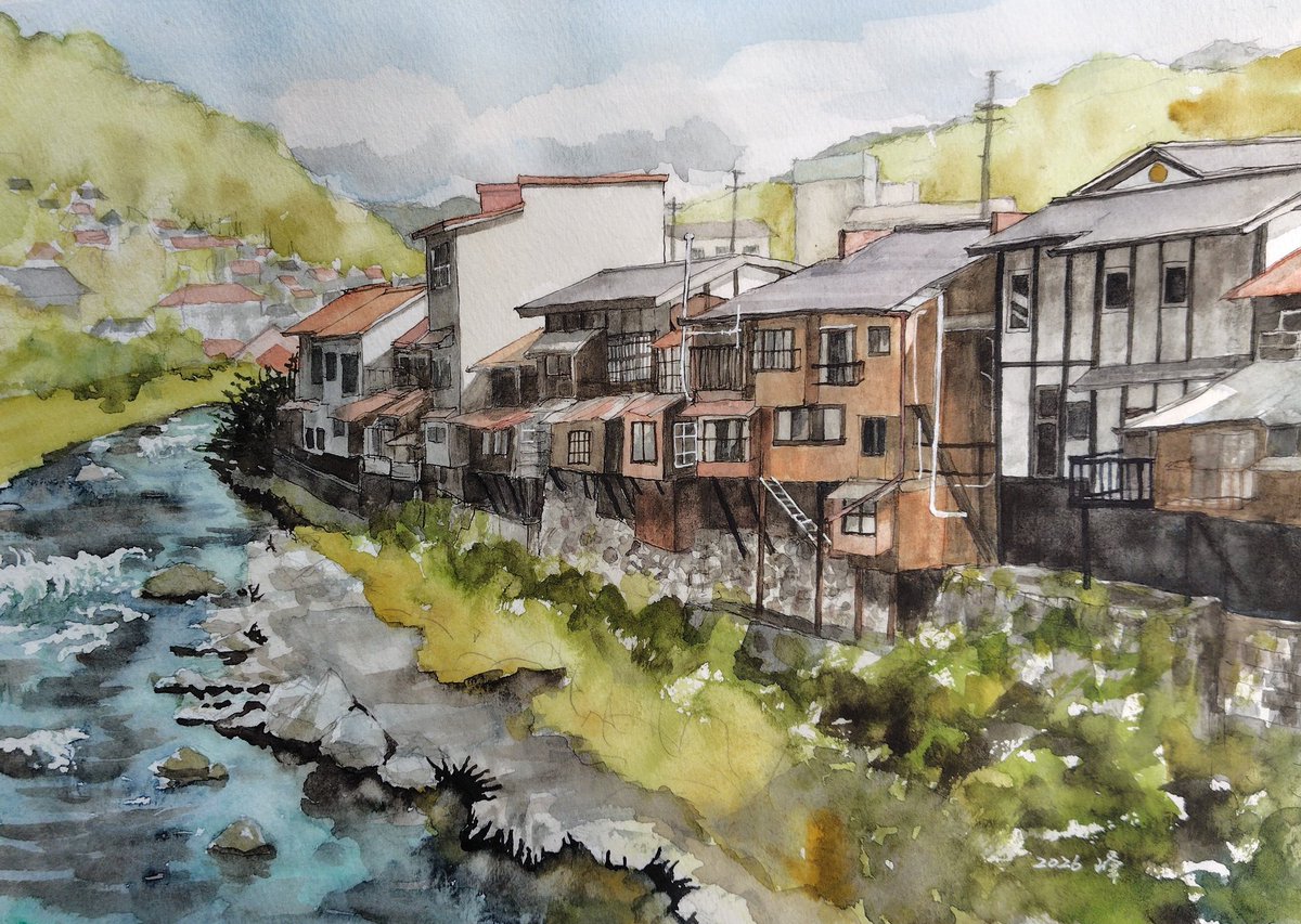 木曽町、#崖家造り、#透明水彩、 今年に入って2ヶ月弱、崖家造りの絵を