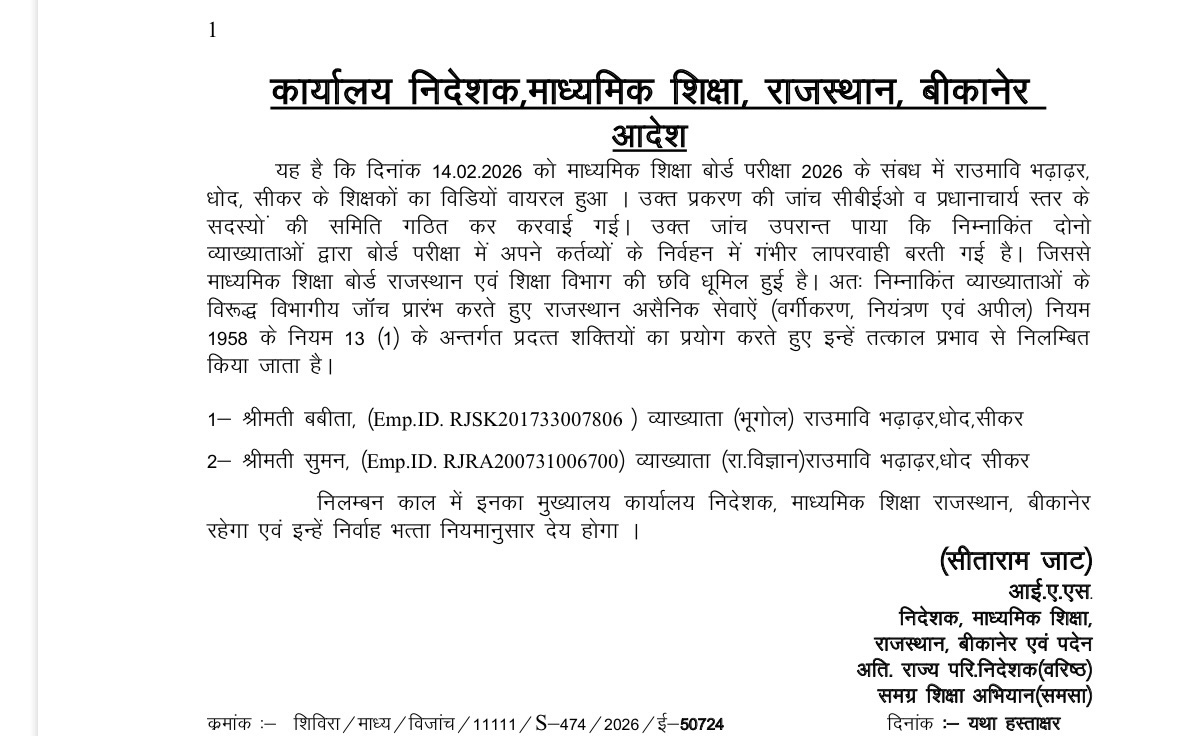 शिक्षा निदेशालय की सख़्त कारवाई 

भढाडर स्कूल के नकल प्रकरण की जांच कर 2 शिक्षको को किया निलंबित ||