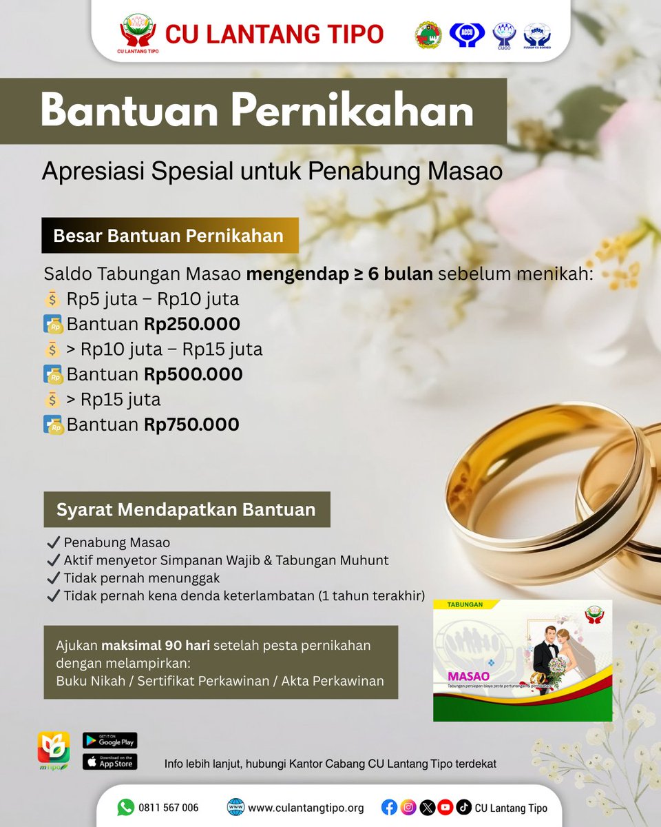 cu_lantangtipo's tweet photo. 💍✨ Rayakan Momen Bahagia, Dapatkan Apresiasi Istimewa!

📲 Info lebih lanjut: hubungi Kantor Cabang terdekat atau WhatsApp 0811 567 006

#CULantangTipo #BantuanPernikahan #TabunganMasao #AnggotaSejahtera #CreditUnion #CUIndonesia #SejahteraBersama https://t.co/00AFNBOao3