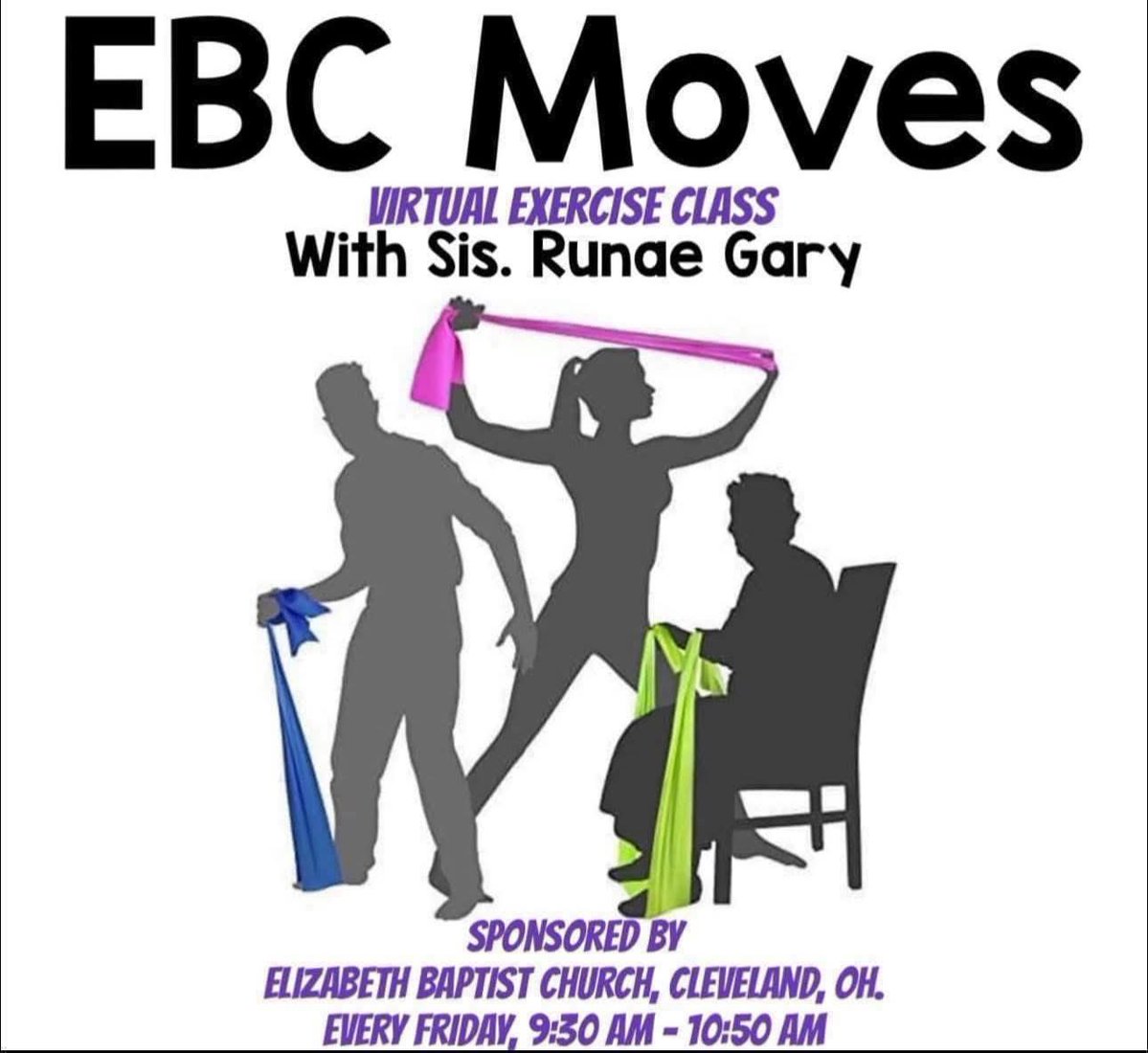 Join Sister Runae Gary &amp; The Elizabeth Baptist Church Family every Friday at 10:30 am Wear comfy clothes, bring water, and be ready.

VIRTUAL ACCESS:
Audio:  1-844-890-7777 ~ Code:  808-347-405#
Video: us02web.zoom.us/j/87868081734?…

Meeting ID: 878 6808 1734