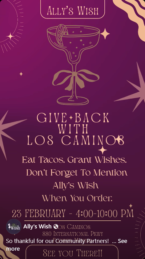 allyswish14's tweet photo. So thankful for our Community Partners!

Join us for a Give Back Night at Los Caminos and enjoy great food while supporting a great cause. 🥑 Feb 23 🫘

A portion of the evening will benefit Ally’s Wish.

✨ Reservations at https://t.co/SulMOMG6aw — or feel free to just come in. https://t.co/TU51gUVcDj
