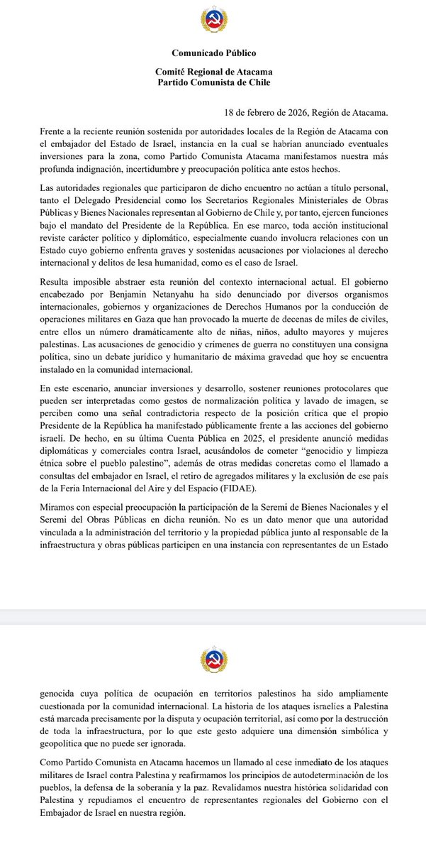 Mientras <a href="/GabrielBoric/">Gabriel Boric Font</a> acusa a Israel de genocidio y limpieza étnica del Pueblo palestino, el delegado presidencial de Atacama se reúne con embajador israelí para lavarle la imagen
Digna declaración pública del PC Atacama