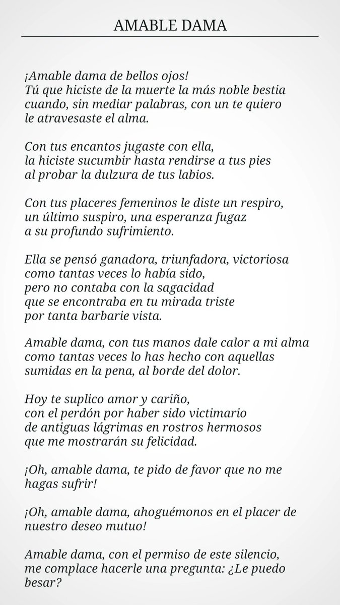 COMPULSIVO_MC's tweet photo. Amable Dama 🌻
Poema. 🌻
Sígueme. 🌻
#poetry #poem #poetrycommunity #Poe #poetrylovers #POEMS #poen #poetic #Poet #poetrychallenge #poema #Poesía #PoesíaYErotismo #escritor https://t.co/84k9VqhlVR