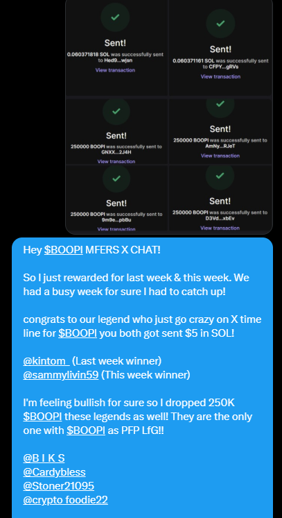 $BOOPI IS GOING HARD REWARDING $BOOPI MFERS IN THE X CHAT WEEKLY!🐶🖖

YOU LIKE TO BE REWARDED FOR BEING ACTIVE &amp; SHOWING UP FOR YOUr C/T?🎁🫵

IF YOU ARE ACTIVE ENOUGH, WE MIGHT ADD YO TO THE $BOOPI MFERS X CHAT!👀

HIGHER $BOOPI MFERS HIGHER!📈🚀

#BOOPI $BOOPI