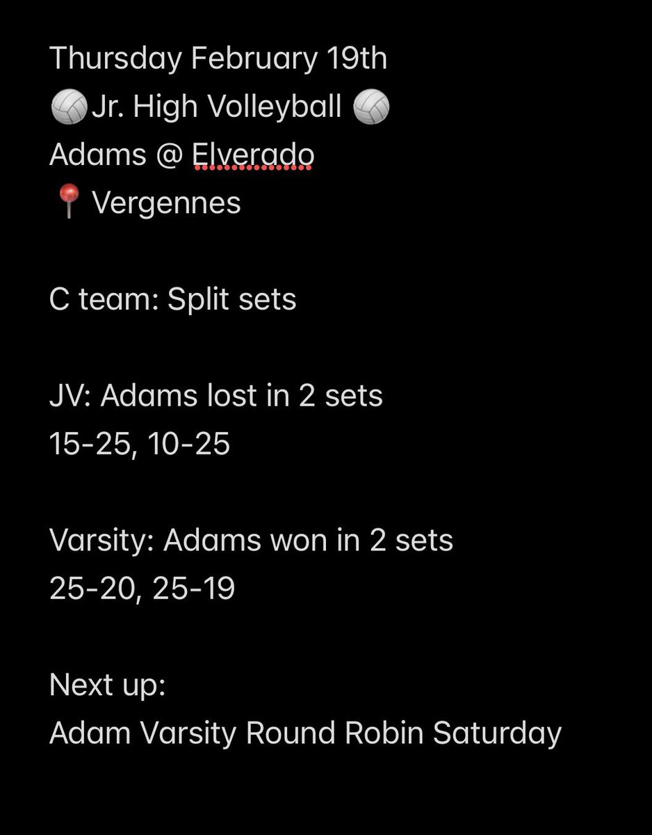 Adams_Wildcats's tweet photo. Varsity Volleyball picks up a road conference win tonight! Girls played great! 

Go Wildcats! https://t.co/H8RvJLDAOk