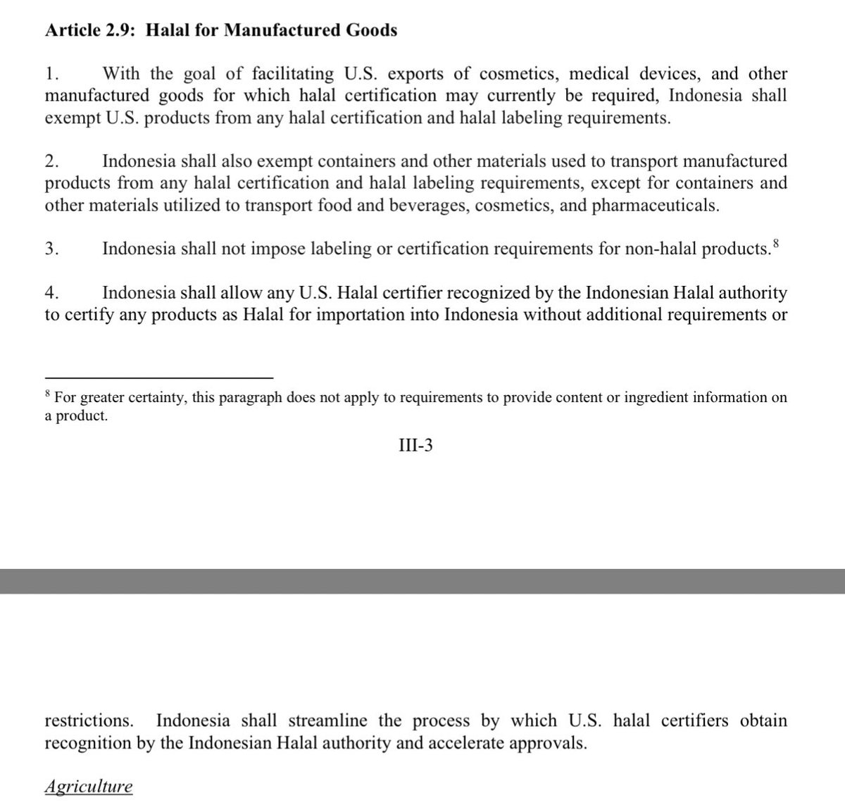 RI wajib mengecualikan produk manufaktur US yg kena wajib halal per UU JPH (termasuk kosmetik). Jadi ada potensi konflik sama UU JPH.