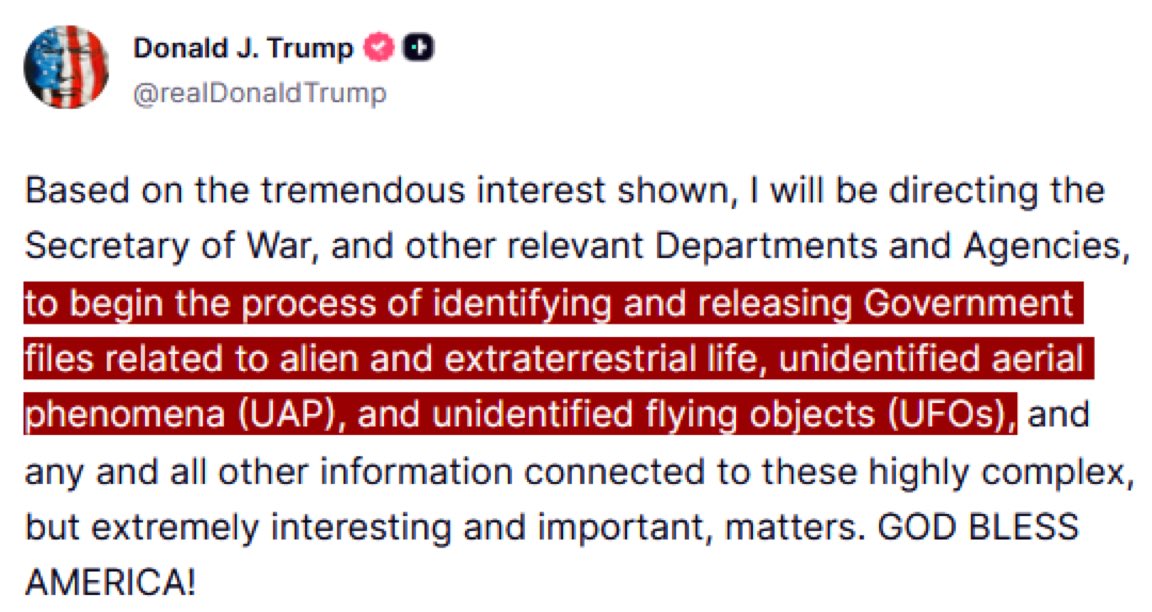 AdameMedia's tweet image. BREAKING: Trump will release all government files related to "alien and extraterrestrial life, UAP, and UFOs."

He’s desperate to change the conversation.