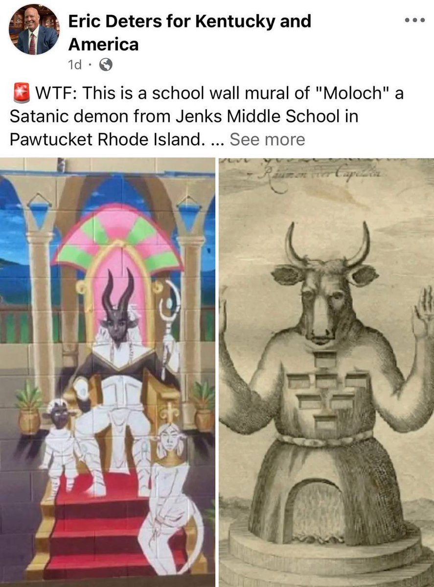 This is a school wall mural of "Moloch" a Satanic demon from Jenks Middle School in Pawtucket Rhode Island.

This mural was painted by children with guidance from a teacher and approval from an administrator.

Demons run public schools.