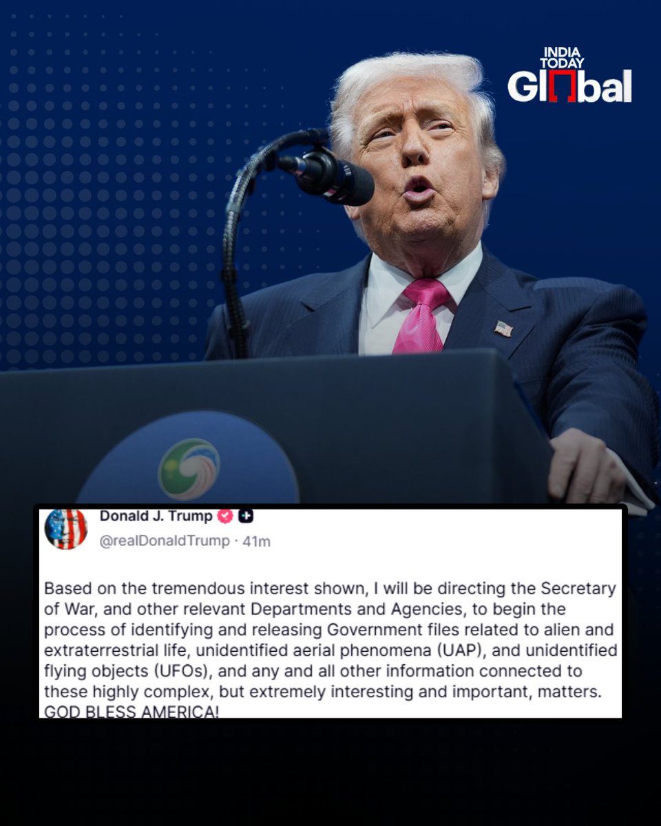 ITGGlobal's tweet image. US President Donald Trump announces that he will direct the Pentagon and other federal agencies to begin identifying and releasing classified government files related to aliens, extraterrestrial life, UFOs and unidentified aerial phenomena (UAPs). 

#Trump #Pentagon #UFOFiles
